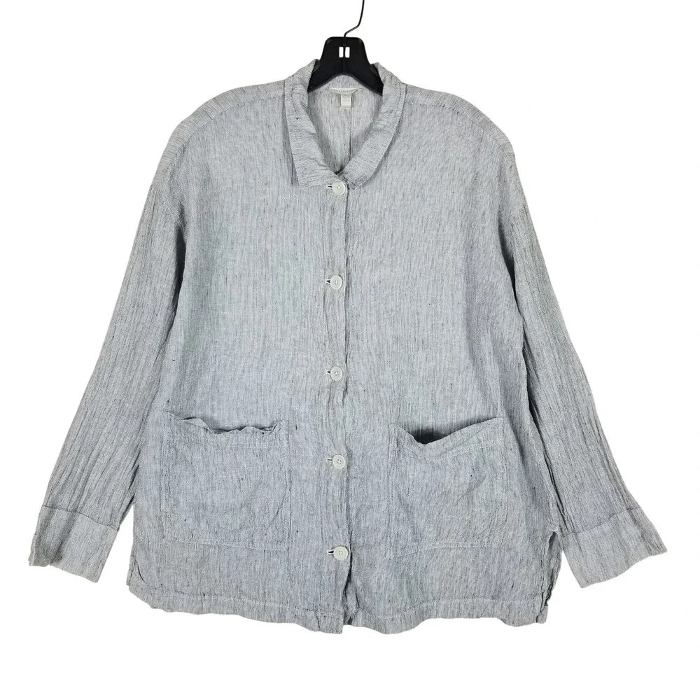 Eileen Fisher Jacket Women Small Gray Organic Linen Button Front Striped Pockets